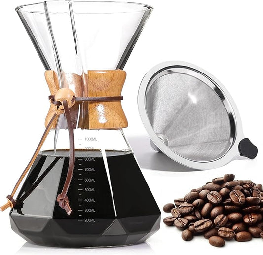 Pour Over Coffee Maker 34 OZ, 10 Cup Borosilicate Glass Drip Coffee Maker with Reusable Stainless Steel Filter and Cork Grip for Home Caf챕 1000 ML (Diamond Shape)