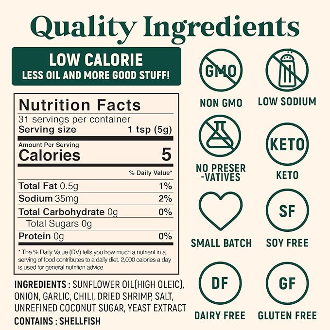 Homiah Sambal Chili Crunch, Shrimp, 6oz - Less Oil Low Sodium Gluten Free Non-GMO, Sambal Oelek Chili Paste, Shrimp Paste, Crispy Chili Crunch Topping ??Mild