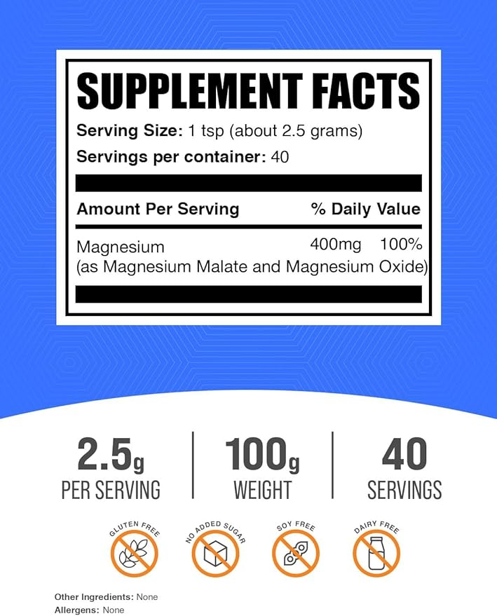 BulkSupplements.com Magnesium Malate Powder - Magnesium Supplements, High Bioavailabilty - Unflavored & Gluten Free, 2.5g per Serving, 100g (3.5 oz) (Pack of 1)