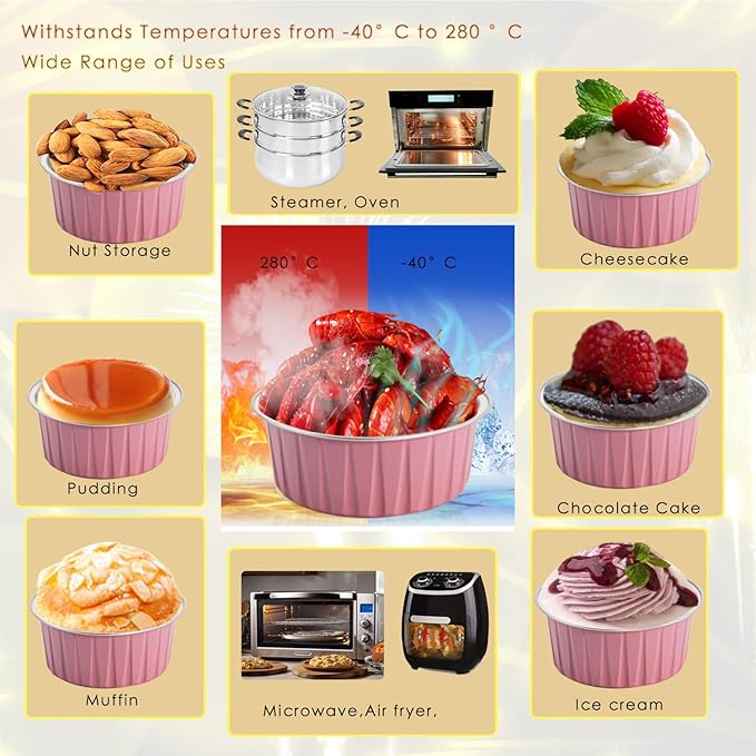 60 Pcs Mini Cake Pans with Lids,5oz Aluminum Foil Baking Cups Round Mini Disposable Ramekins 125ml Muffin Tin Ramekins Brownie Baking Cups, Dessert Cupcake Cups for Wedding Birthday Party(Pink)