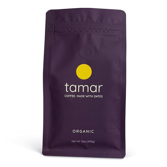 Tamar Date Coffee | Organic Ground Blend of Coffee & Whole Dates | Low Acid | Half Caffeine | Nutrient Rich | Boost of Energy | Medium Roast | 12oz bag