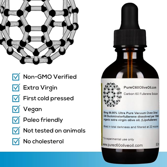 PureC60OliveOil C60 Olive Oil 50ml / 1.7 Fl Oz - 99.95% Carbon 60 Solvent Free 40mg - Amber Glass Bottle - Food Grade - Carbon 60 Olive Oil - From The Leading Global Producer