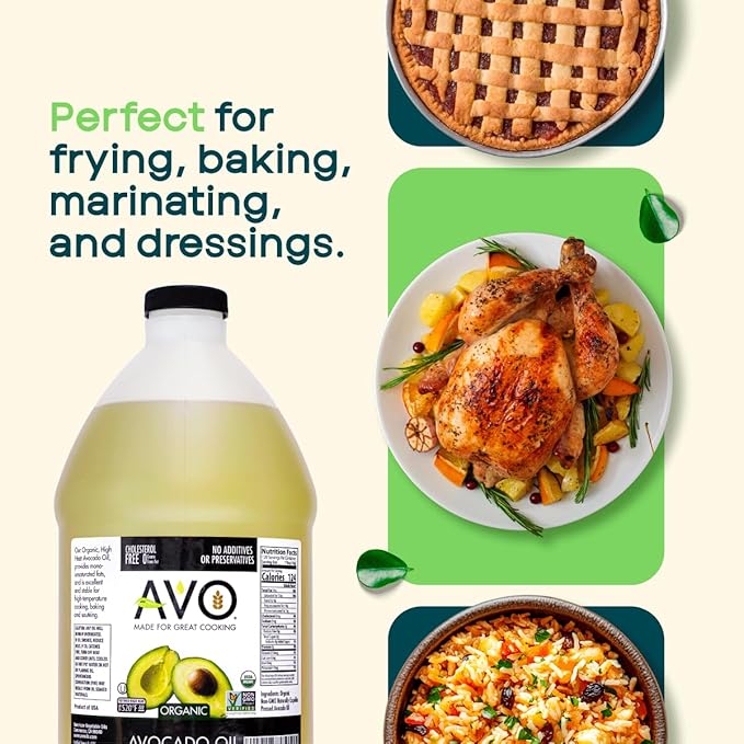 AVO ORGANIC AVOCADO Oil Frying, Baking, Non-stick Saut챕ing, Salads, Vinaigrette, Marinades, Pan Coating, General Cooking 64 Fl-oz (Half a Gallon), NO preservatives added, Naturally Processed