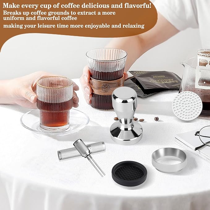 53mm Espresso Accessories Kit,Wdt Tool Espresso,Solid Espresso Tamper,Dosing Funnel and Coffee Puck Screen,Silicone Tamper Mat,0.4mm Stainless Steel 6pin Espresso Stirrer,Barista Tools Espresso Kit