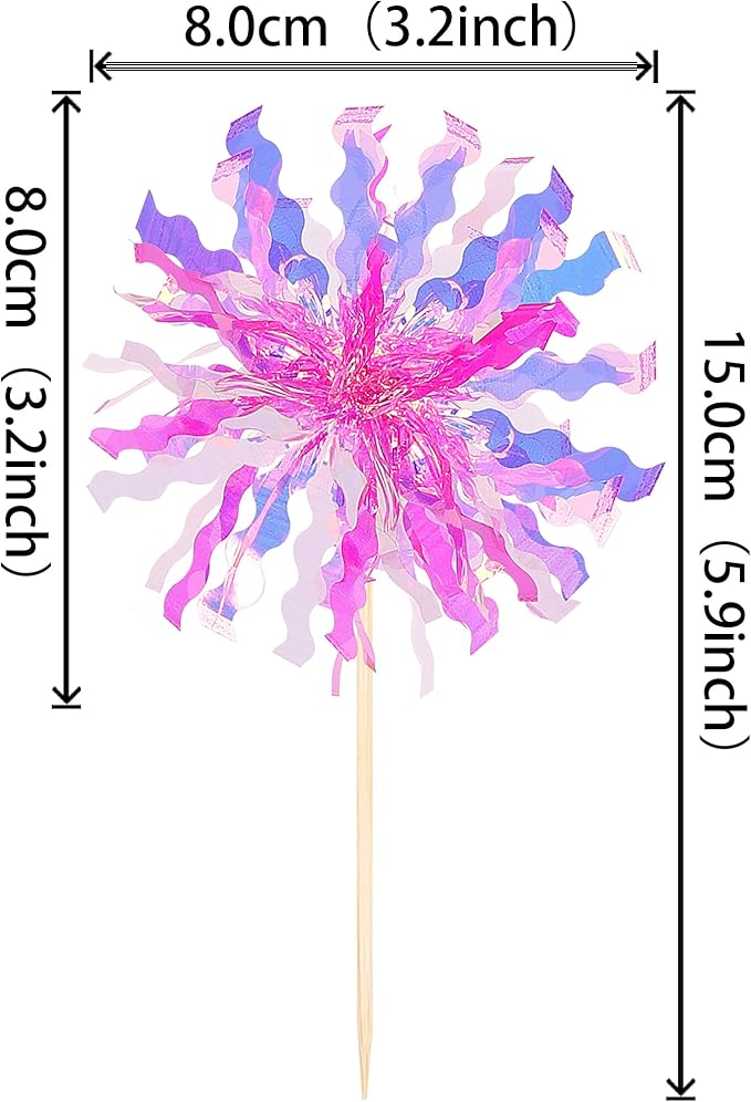 30 PCS Foil Firework Cupcake Toppers Sparkle Tinsel Cupcake Picks Happy Birthday Cake Decorations Drink Stirrers Cocktail Food Fruit Toothpicks for Baby Shower Graduation Party Supplies Rose Red