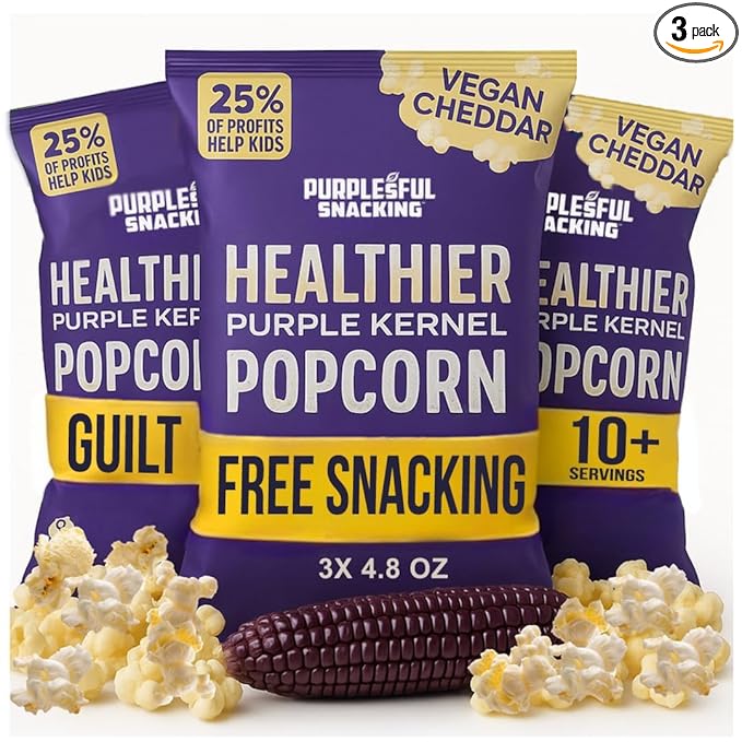 Purplesful Purple Corn Popcorn, Silkier, Creamier & Healthy Popcorn, Vegan-Friendly, Non-GMO, Flavorful Popped Corn Gourmet Snack, Vegan Cheddar, Big Bulk Pack - 4.8 Oz Per Pack (Pack of 3)