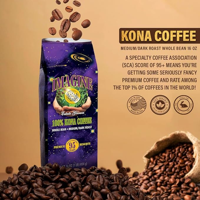 Imagine Kona Organic Coffee Beans | Arabica Kona Beans | Top Grade Air Roasted | Medium Dark Roast | Organic Whole Bean - 16oz