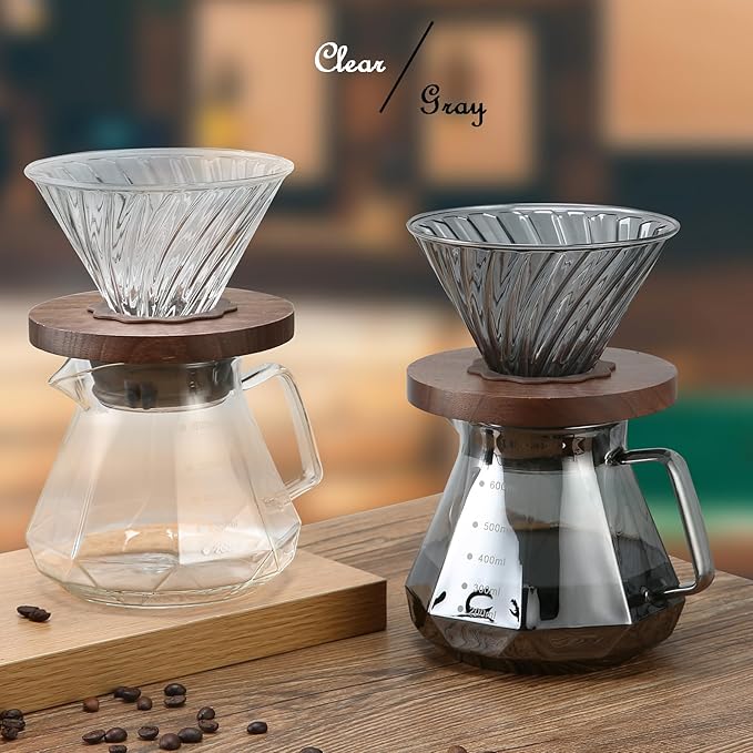 Pour Over Coffee Maker, 20 oz Borosilicate Glass Carafe with 100 pcs V60 Paper Filter, Walnut Handle & Glass Lid, Drip Coffee Maker for Home Caf챕 Restaurant Camping, 600 ml, Gray