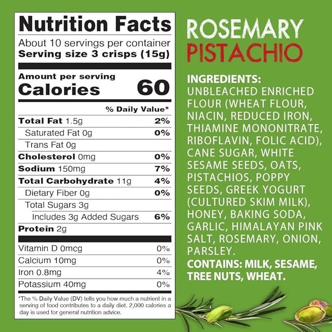 Kii Naturals Artisan Crisps, Healthy Snack Crackers for Cheese, Meats, Spreads, Charcuterie Board - Non-GMO, Kosher, No Preservatives, Hand-Crafted - Rosemary Pistachio, 5.3 Ounce (Pack of 1)