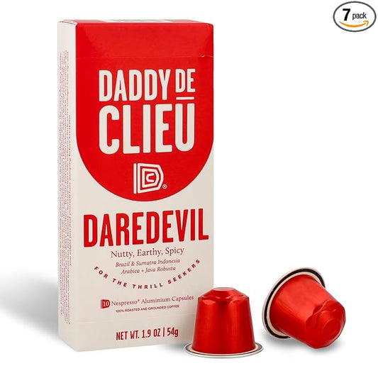 Daddy De Clieu Daredevil Coffee Pods (Bold, Dark Roast, Arabica and Robusta Blend), Compatible with Nespresso Original Line Machines, Recyclable Aluminum Capsules, 70 Count