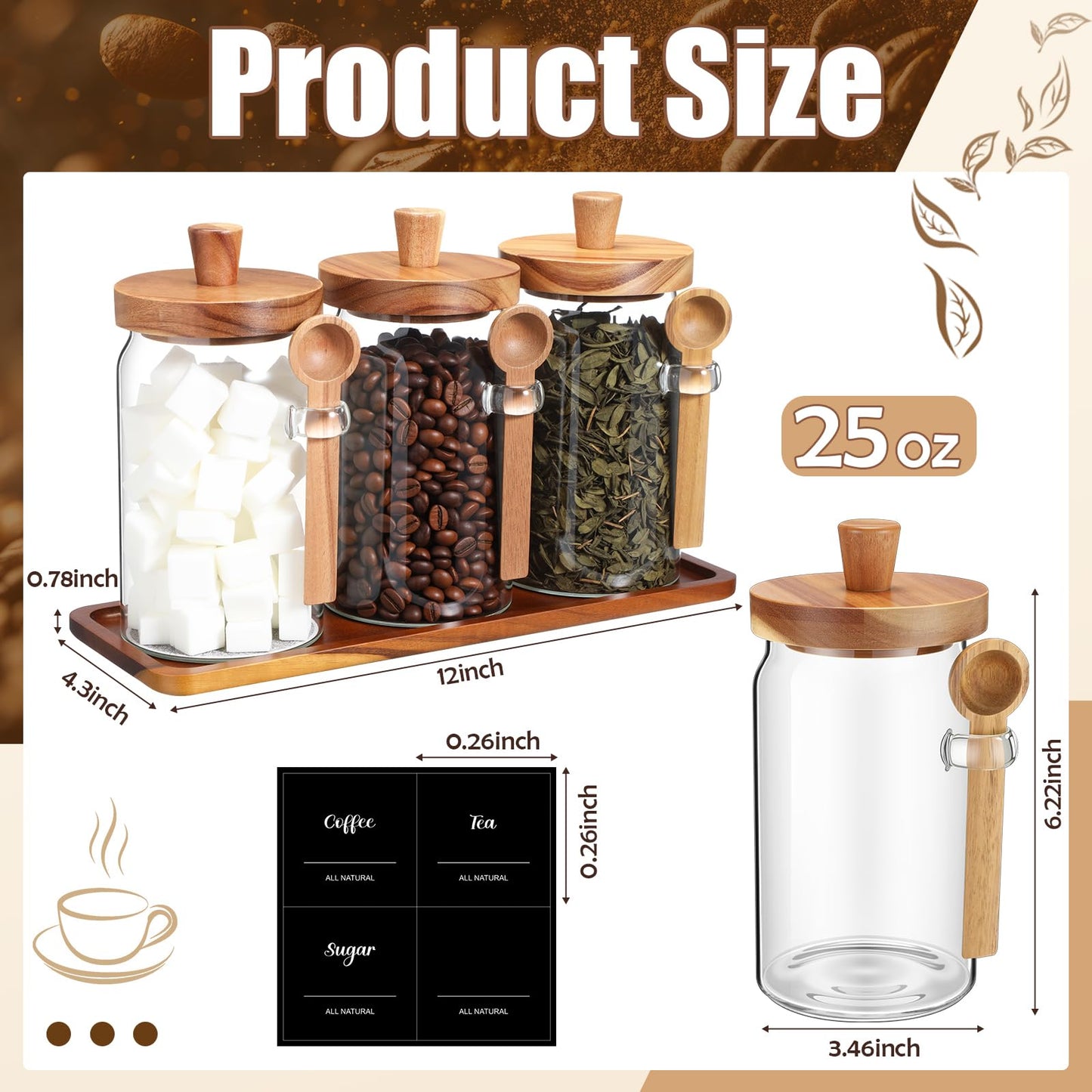 Suclain 3 Pcs Glass Coffee Container Wood Lid, 25 Oz, acacia Brown