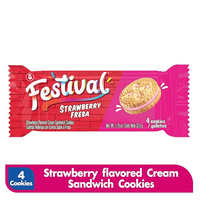 FESTIVAL Strawberry Cookies, Cream Strawberry Sandwich Cookies, Natural Dyes & Low Sodium, High Cream Content, 14.6 Oz (Pack of 3)