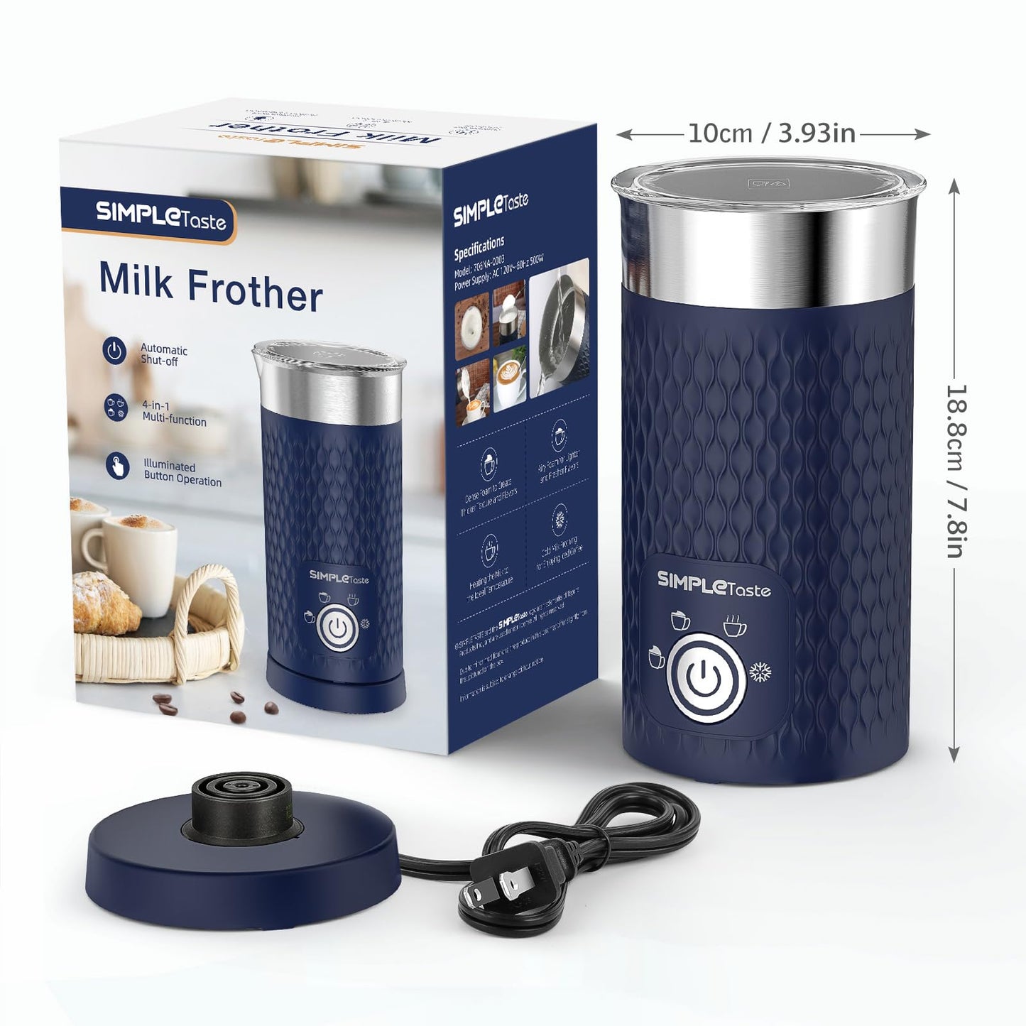 SIMPLETASTE Milk Frother, 4-in-1 Electric Automatic Milk Steamer, Blue