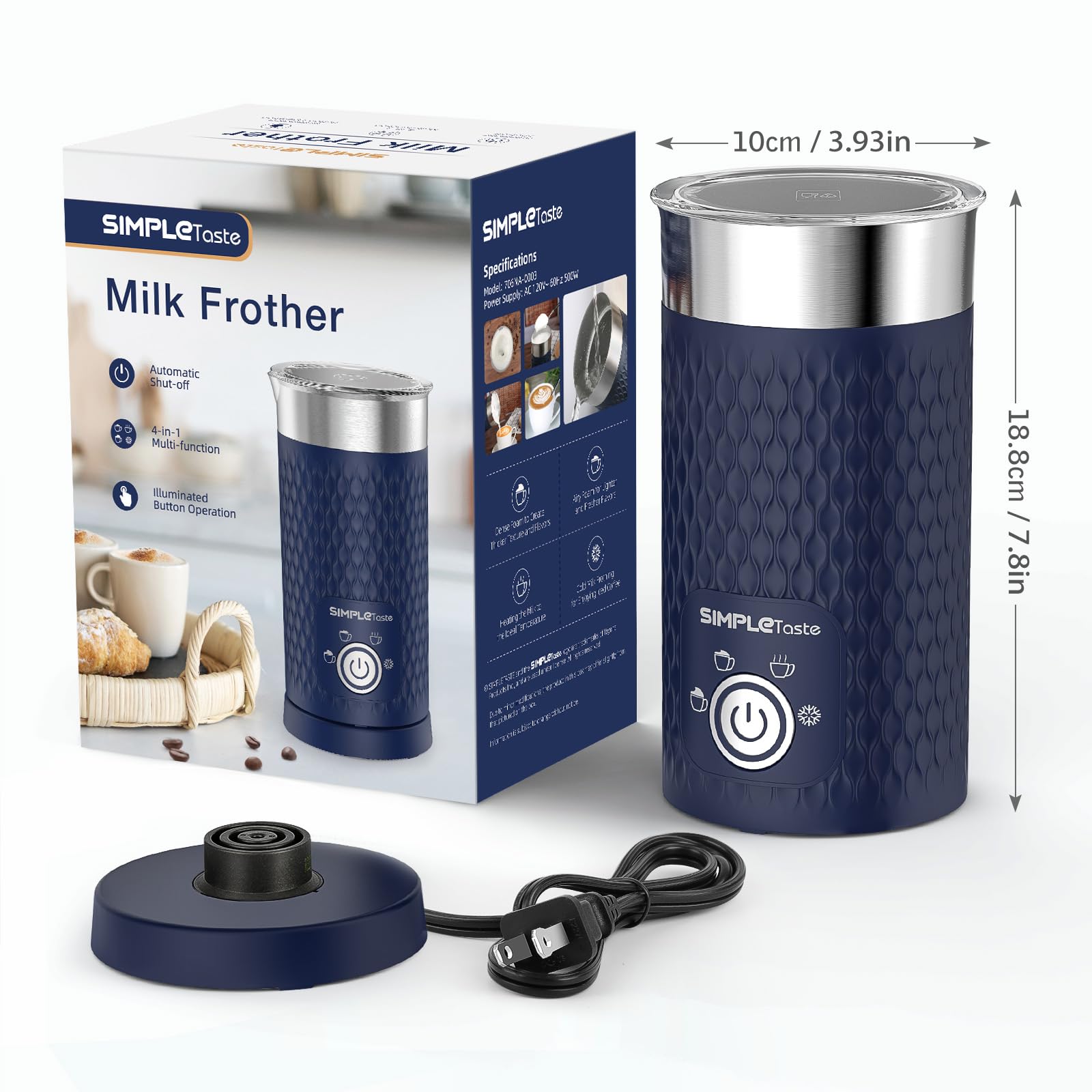 SIMPLETASTE Milk Frother, 4-in-1 Electric Automatic Milk Steamer, Blue