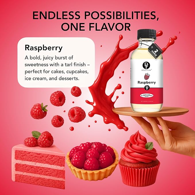 Dolce Flav Natural Raspberry Extract 2 oz ??Kosher, Sugar-Free, Concentrated Tart Raspberry Flavoring for Baking, Beverages & Desserts, Includes Measured Dropper