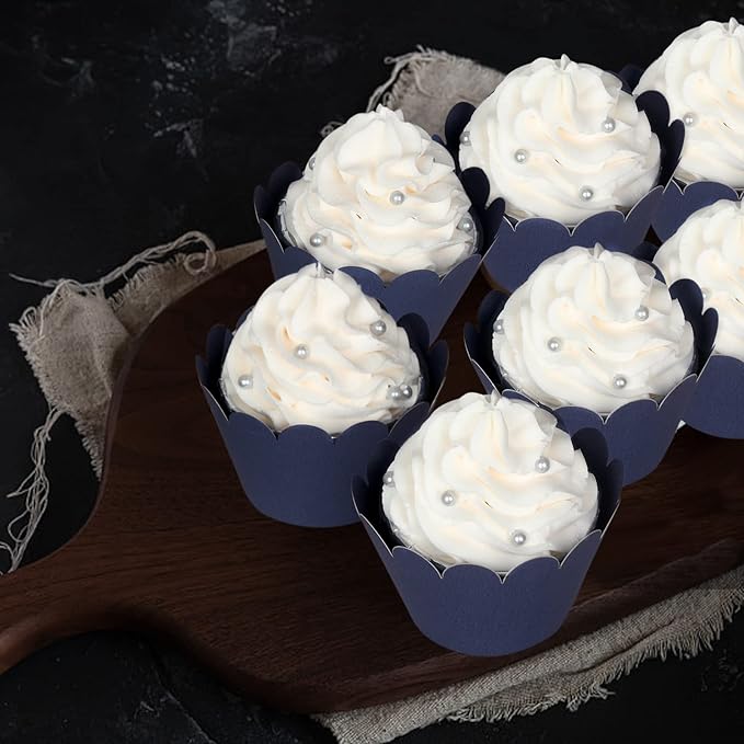 KPOSIYA Set of 100 Artistic Bake Cake Cups Filigree Little Vine Lace Laser Cut Cupcake Wrapper Liner Baking Cup Muffin CaseTrays for Wedding Birthday Party Decoration-Best Kitchen Gift (Navy)