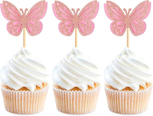 24PCS Butterfly Cupcake Toppers 3D Double Layers Hollow Cupcake Picks Baby Shower Cake Decorations Supplies for Butterfly Theme Wedding Anniversary Baby Shower Party Pink