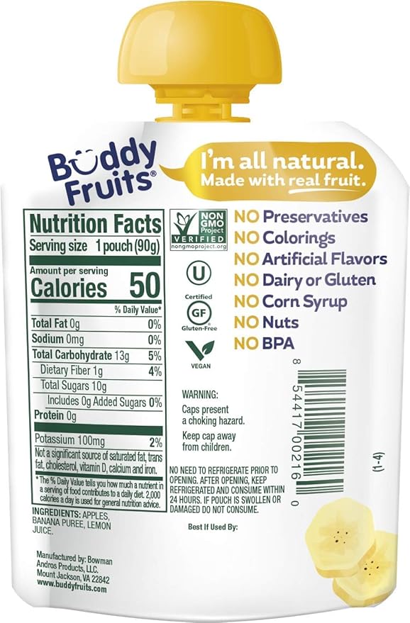 Buddy Fruits Snacks To Go Banana Unsweetened Applesauce 3.2oz Pouch (18pk) Gluten-Nut-Dairy-Preservatives-BPA Free, Non GMO, Kosher
