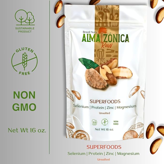 ALMA ZÓNICA – Raw unsalted premium Brazil Nuts, 2 pounds pack if 2 (32oz) | Unsalted, Gluten-Free, Kosher | Rich in Selenium, Antioxidants & Healthy Fats | Resealable Bag | Sustainable & Ethically Sourced (1 Pound (Pack of 2) 32 OZ)
