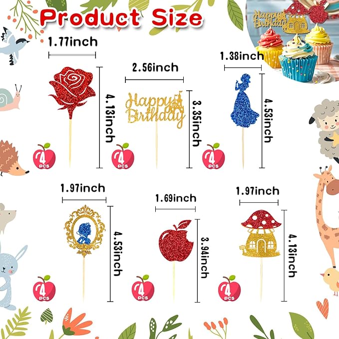 24pcs Blue Princess Cupcake Topper Glitter Royal Castle Happy Birthday Cake Toppers Red Rose Apple Cupcake Toppers for Princess Birthday Wonderland Forest Baby Shower Halloween Party Decor