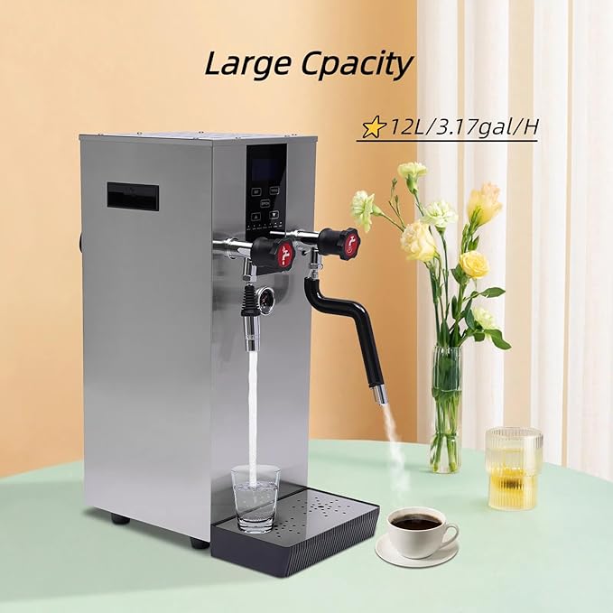 4-in-1 12L Espresso Commercial Coffee Machine Stainless Steel Steam Water Boiling Machine with LCD Screen for Heating Drinks Brewing Tea Boiling Water Foaming Milk, 2300W 110V