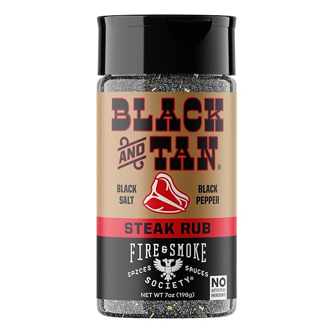 Fire & Smoke Society Black & Tan Steak Seasoning | BBQ Rubs, Steak Rub for Smoking and Grilling Meat | Steaks, Brisket, Burgers Dry BBQ Rubs and Spices | Medium 7 oz