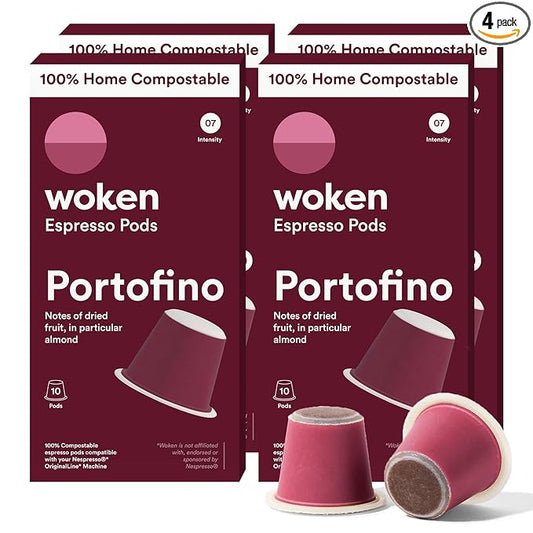 WOKEN COFFEE Compostable Nespresso Pods - Portofino Medium Roast Italian Espresso Coffee Capsules Compatible With Nespresso Coffee Machine (40 Pod Count, 4 Boxes)