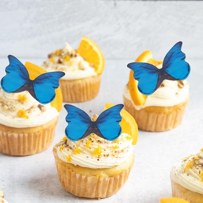 48Pcs Edible Wafer Paper Butterfly Cupcake Toppers 3D Cake Realistic Butterfly Dessert Decoration for Birthday Party Wedding Food Decorations - Bule