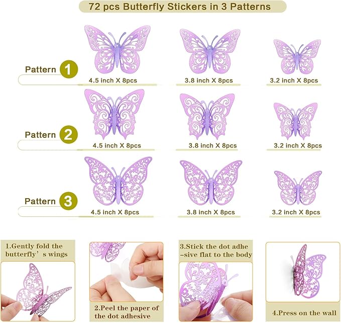 72 Pcs Butterfly Decorations, 3 Sizes 3 Styles, 3D Butterfly Wall Decor, Party Decorations, Birthday Decorations, Butterflies for Crafts, Cake Decorating, Wall Stickers Room Decor, Pale Plum