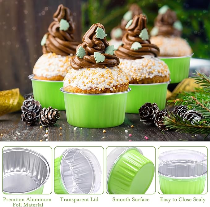 Gejoy 400 Pcs Aluminum Foil Baking Cups with Lids 5 oz Disposable Ramekins Mini Cake Pans Creme Brulee Cupcake Liners Muffin Tins Flan Mold Dessert Container for Wedding(Green,Classic)