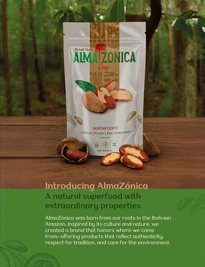 ALMA ZÓNICA – Raw unsalted premium Brazil Nuts, 2 pounds pack if 2 (32oz) | Unsalted, Gluten-Free, Kosher | Rich in Selenium, Antioxidants & Healthy Fats | Resealable Bag | Sustainable & Ethically Sourced (1 Pound (Pack of 2) 32 OZ)