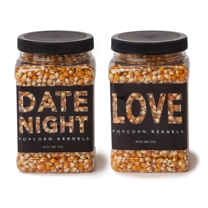 Movie Night Popcorn Kernel Jars - Wabash Valley Farms "Date Night" and "Love" Popcorn Kernels, Movie Night Supplies, Gifts for Couples, Extra Large White Popcorn Kernels for Popping (28 oz)