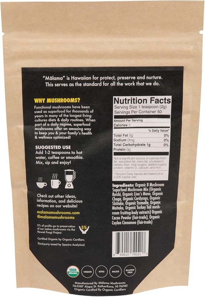 Malama 8-Mushroom Hot Cacao Mix, Organic Chocolate Blend Mushroom Powder for Focus & Inmune Support ??with Lion's Mane, Reishi, Chaga, Turkey Tail ??Vegan Supplement, 3.5 oz (50 Servings)
