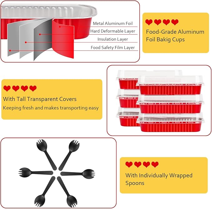 LNYZQUS Mini Baking Pans With Lids 50 Pack, 6.8oz Aluminum Foil Small Loaf Pans Tins Holders,Rectangle Baking Cups Muffin Tins,Disposable Ramekins Muffin Cups For Mini Cake Bread -Red