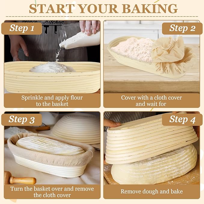 2 PCS 13.8 inch Oval Long Baguette Banneton Brotform Bread Dough Proofing Rattan Basket & Liner for Professional & Home Bakers