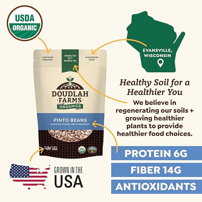 Organic Dried Pinto Beans 5 lb - Non-GMO, Tested Clean Certified, Vegan - Rich in Fiber & Protein for Soups, Burritos, Salads, and Chili - Farmed From Regenerative Soil, Grown In USA by Doudlah Farms