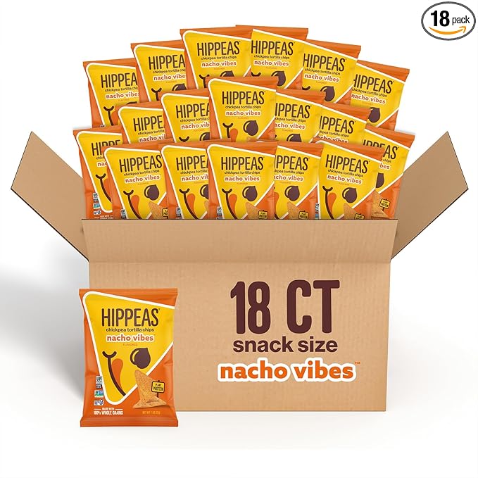 Hippeas Chickpea Tortilla Chips, Nacho Vibes, 1 Ounce (Pack of 18), 3g Protein, 3g Fiber, Vegan, Gluten-Free, Crunchy, Plant Protein Snacks