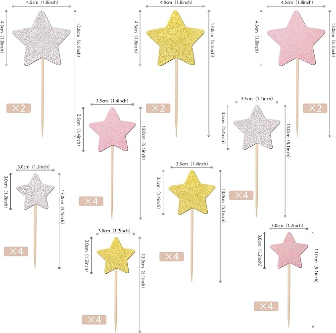 30 PCS Little Star Cupcake Toppers Silver Pink Gold Glitter Twinkle Star Cupcake Picks Bridal Shower Cake Decorations for Wedding Engagement Baby Shower Birthday Party Supplies