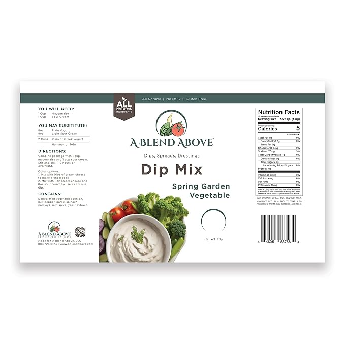 A Blend Above Spring Garden Vegetable Dip Mix, 3 Packs, 1 oz. Each, Makes 16 Ounces, Gluten-Free, No MSG, All Natural, No Preservatives, Vegan Friendly, Keto Friendly, Vegetable Dip, Chip Dip, Low Carb, Easy to Make