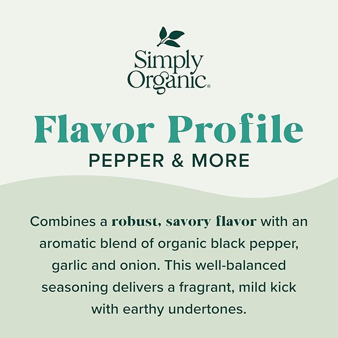 Simply Organic Pepper & More Everyday Spice Blend, 2.2 Ounce Jar, Great on Veggies, Chicken Fish and More, Vegan