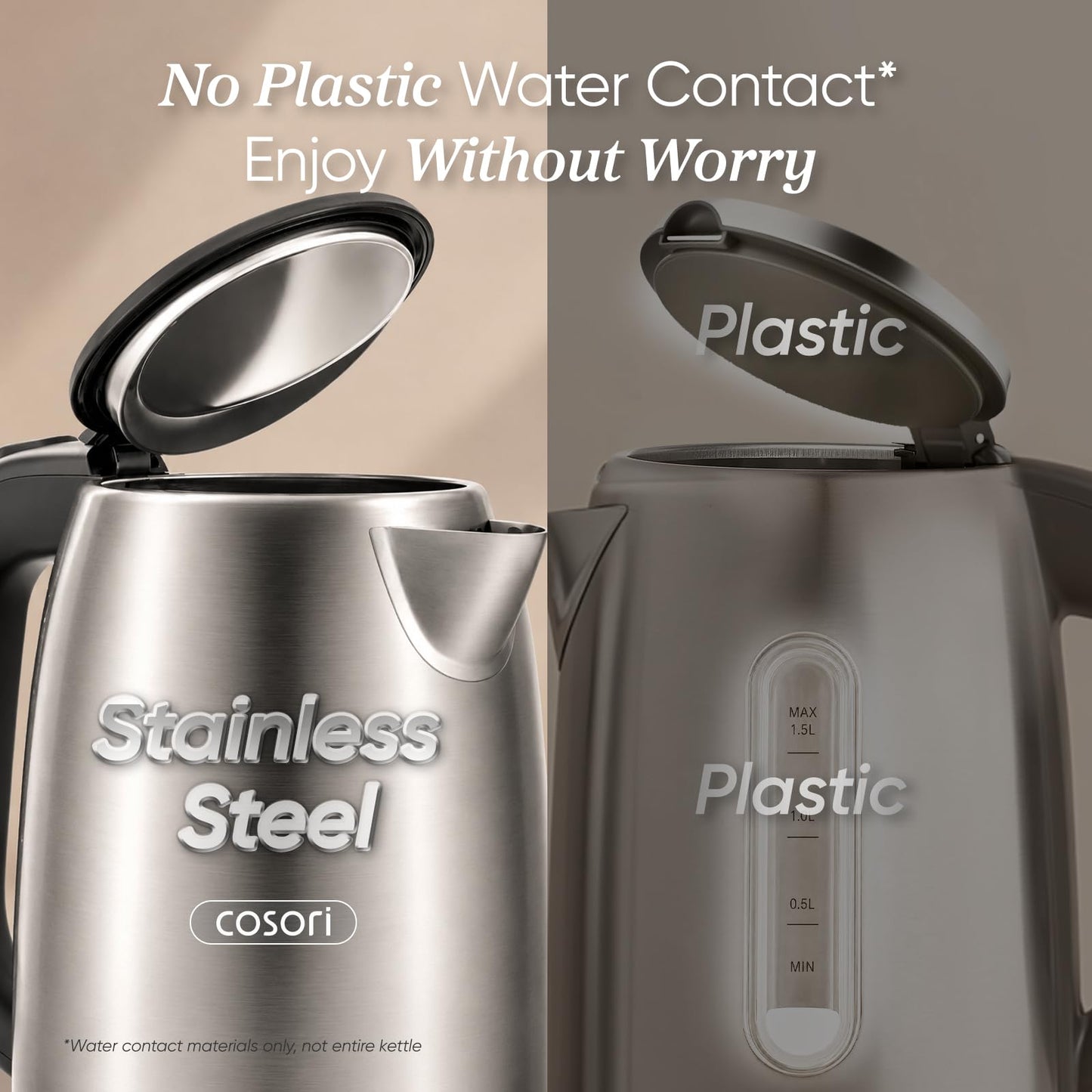 Cosori Stainless Steel Electric Kettle, No Plastic Contact with Water, 1.7L