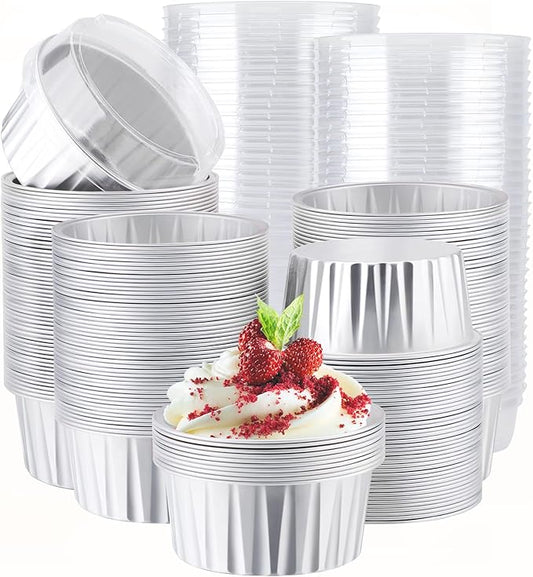 EUSOAR Silver Cupcake Liners, 200pcs 5oz Mini Cake Pans Aluminum Foil Baking Cups with Lids, Cheesecake Muffin Cups, Disposable Dessert Containers Tin for Flan Creme Brulee Souffle Custard Pudding