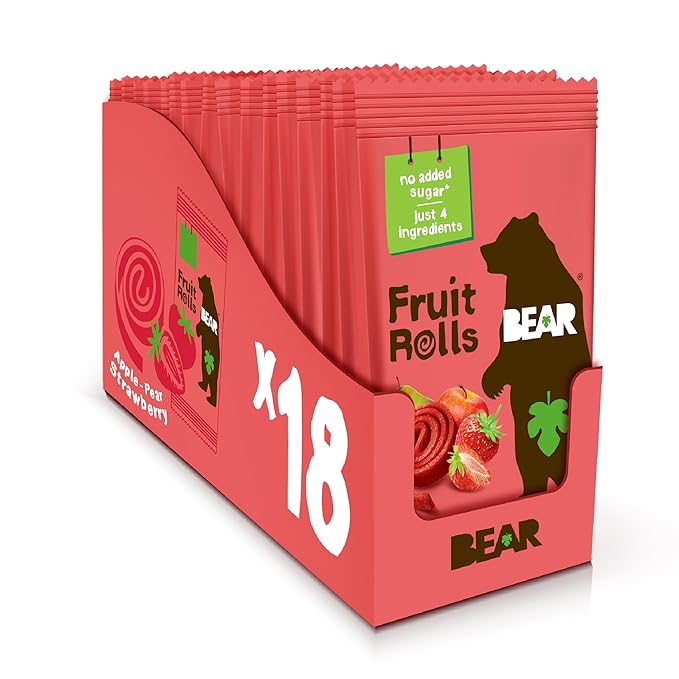 BEAR Real Fruit Snack Rolls - Gluten Free, Vegan, and Non-GMO - Strawberry ??36 Rolls, Healthy School And Lunch Snacks For Kids And Adults, 0.7 Ounce (Pack of 18)