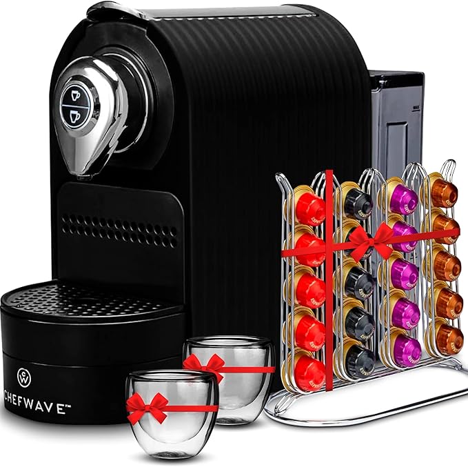 ChefWave Espresso Machine Compatible with Nespresso Coffee Capsules (Black), Pod Holder, Cups and Descaling Powder Bundle (2 Items)