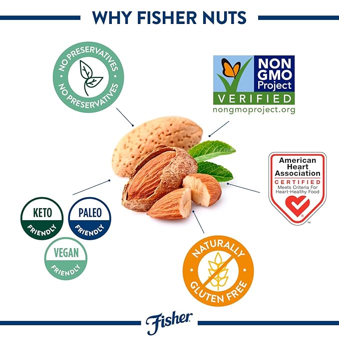 Fisher Chef’s Naturals Whole Almonds, 6 oz Resealable Bag, Unsalted Raw Nuts for Baking & Cooking, Healthy Snacks for Adults, Vegan Protein, Keto Snack, Gluten Free