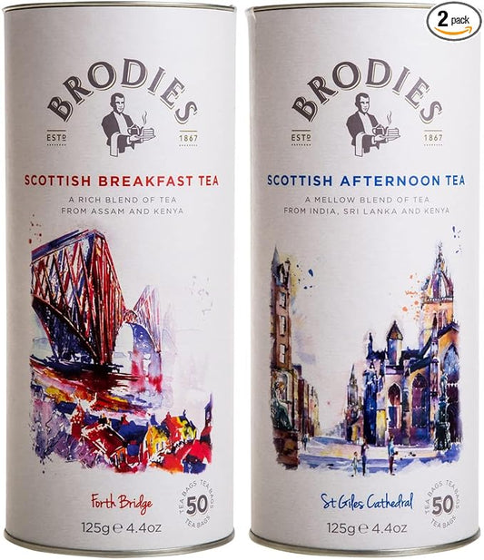 Brodies Tea, Scottish Tea Sampler Breakfast Blend & Afternoon Blend, Black Tea Imported from Scotland, Canister of 50 Bags (Pack of 2)