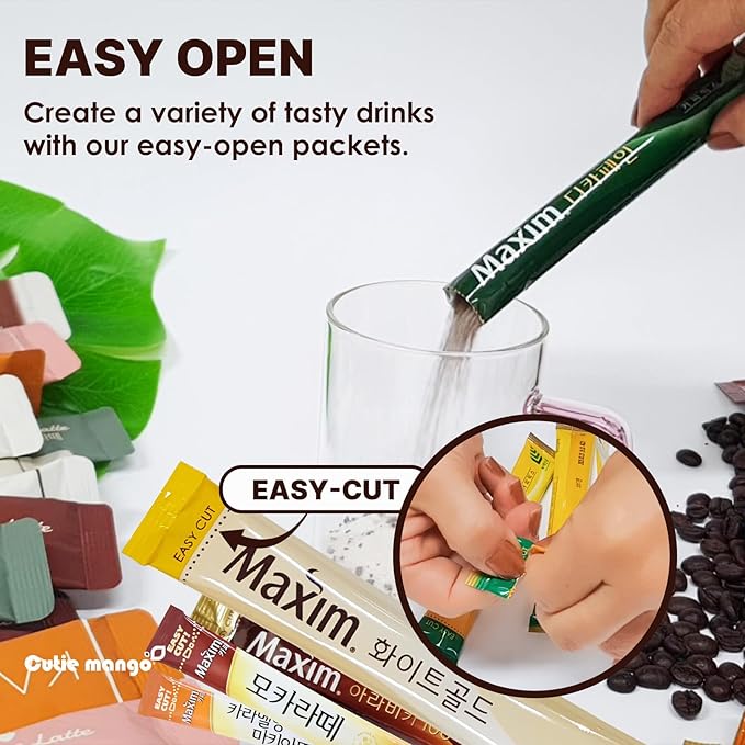CUTIE MANGO Maxim & Stevia Variety 20 Sticks Premium Korean Instant Coffee Sampler White Mocha Original Zero Sugar Stevia Assortment Café Style Camping Party 4 Flavors Packets Easy-Cut (5 Sticks Each)
