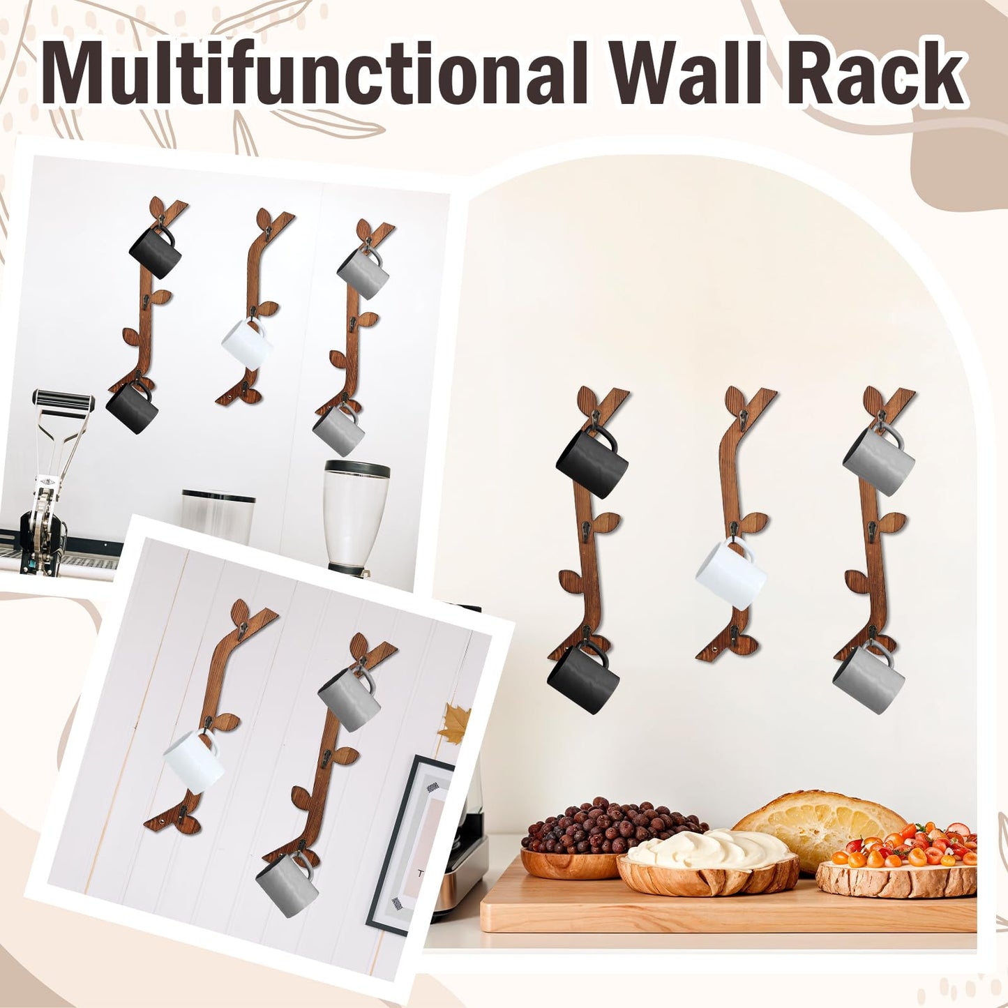 MSHUNKEJI 3 Pack Wood Coffee Mug Wall Rack with 9 Hooks Wall Mount Coffee Cup Holder Wooden