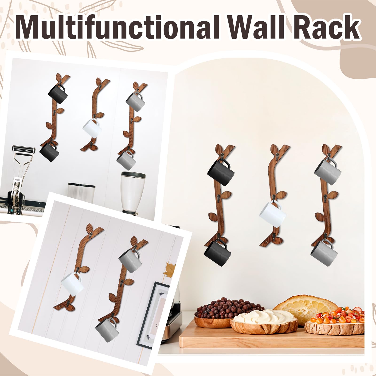 MSHUNKEJI 3 Pack Wood Coffee Mug Wall Rack with 9 Hooks Wall Mount Coffee Cup Holder Wooden