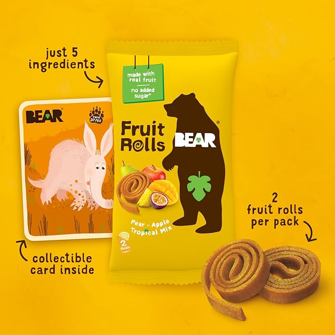BEAR Real Fruit Snack Rolls - Gluten Free, Vegan, and Non-GMO - Tropical ??36 Rolls, Healthy School And Lunch Snacks For Kids And Adults, 0.7 Ounce (Pack of 18)